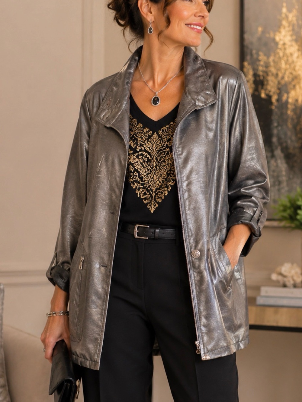 Atlantic Beach Metallic Silver Jacket Size Large Vintage Lightweight Zip Front